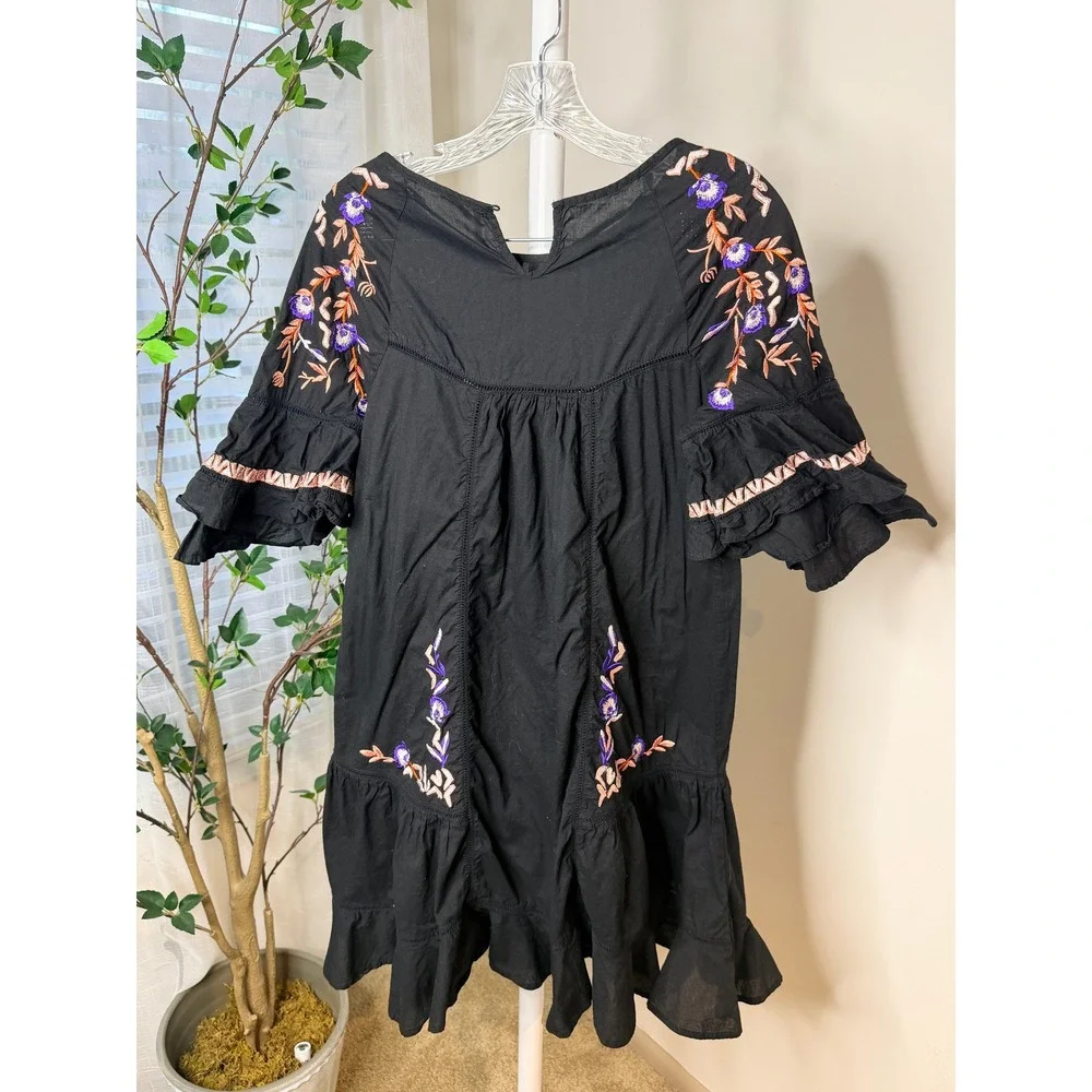 Free People Black Embroidered Floral Mini Dress Ruffle Sleeve Cotton Boho Medium